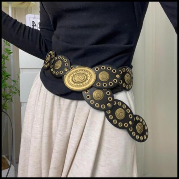 Wide Leather Concho Belt Boho Western Disc Link Adjustable Vintage Cowboy Style main image 5
